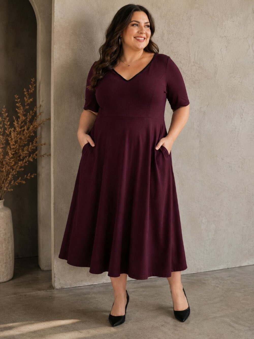 City Chic Burgundy Fit & Flare Midi Dress L/20 Plus Size V Neck Pockets